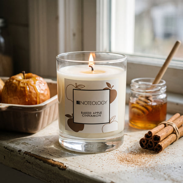 Baked Apple Cinnamon Candle burning on a kitchen counter by a window | Noteology