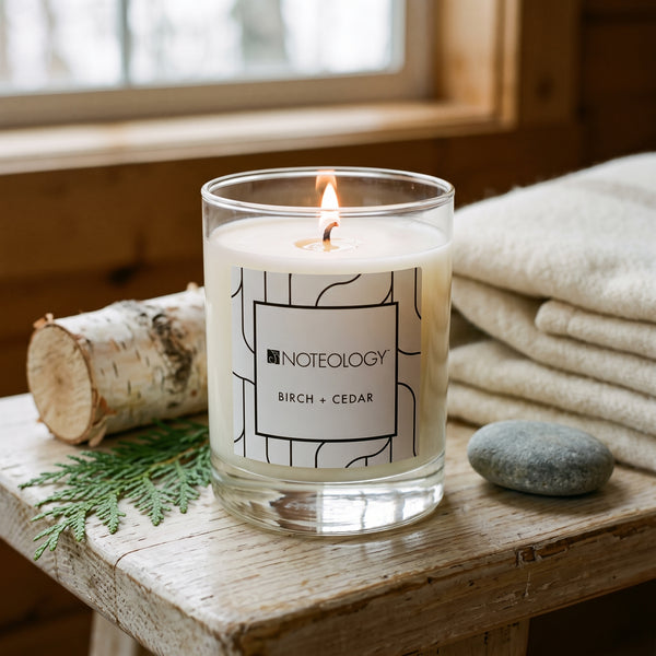 Birch + Cedar Candle burning on a light wooden bench in a quiet cabin with natural daylight | Noteology