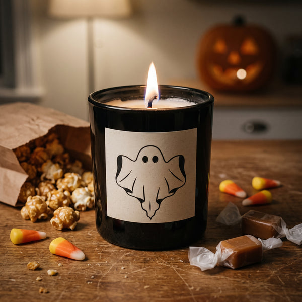 Boo! Candle burning on a warm kitchen table on Halloween night | Noteology