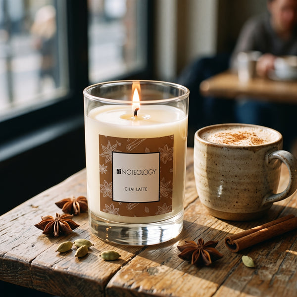 Chai Latte Candle burning on a café-style table in warm morning light | Noteology