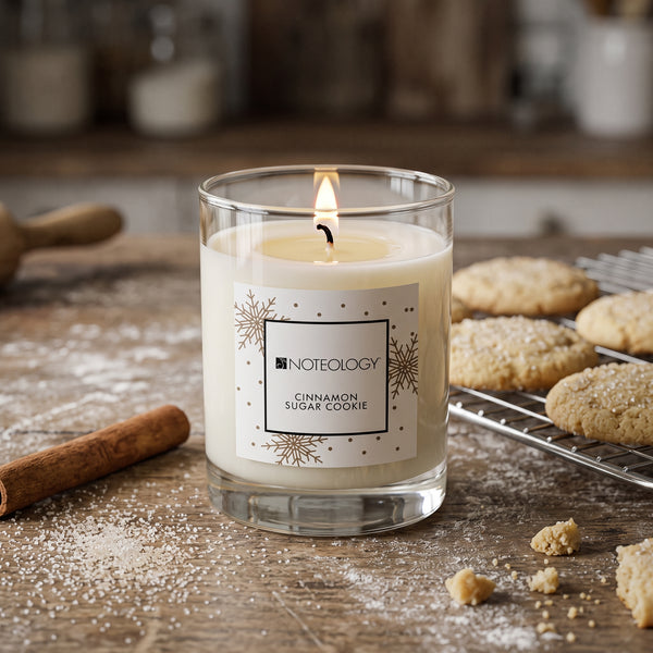 Cinnamon Sugar Cookie Candle burning on a baking counter | Noteology