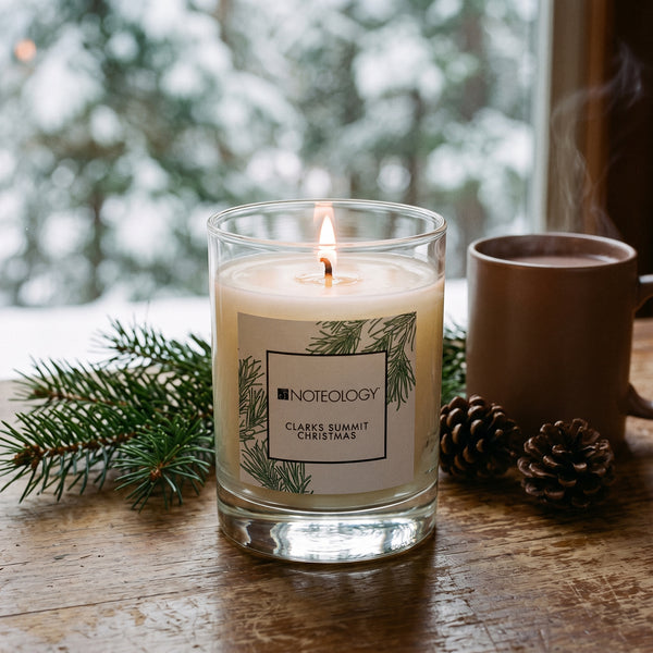 Clarks Summit Christmas Candle burning on a cabin table beside a window with snowy pines outside | Noteology