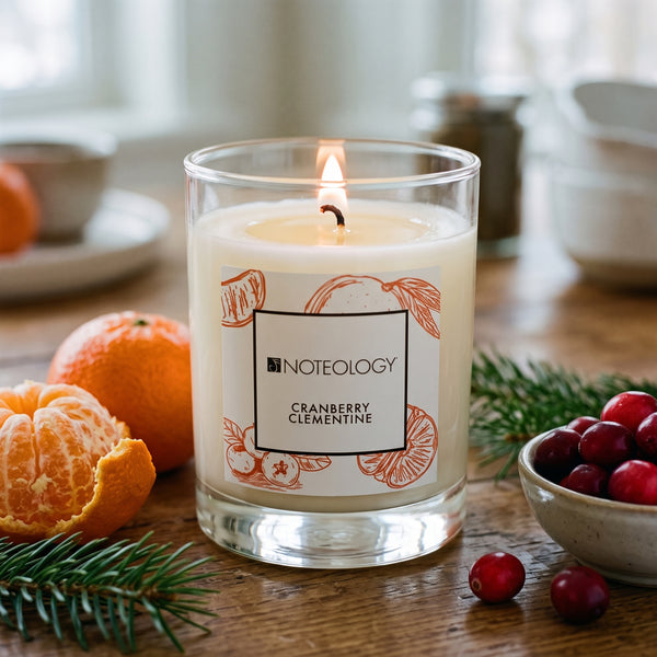 Cranberry Clementine Candle burning on a kitchen table in winter daylight | Noteology