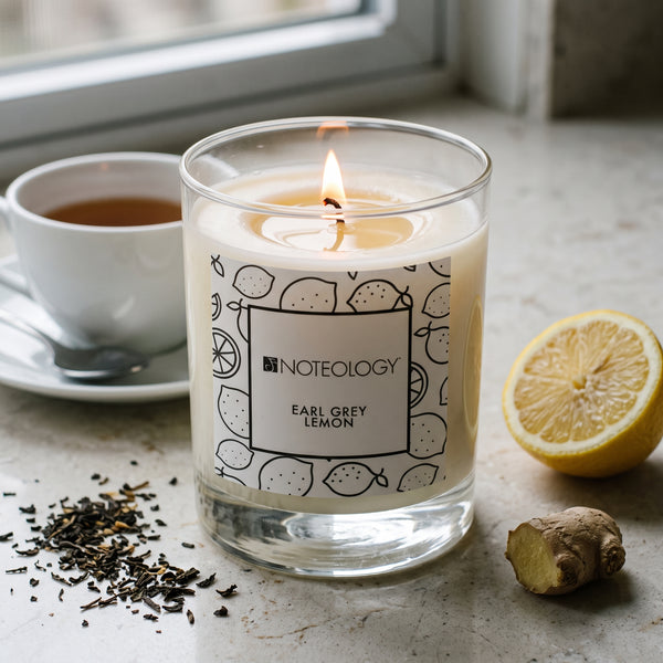 Earl Grey Lemon Candle burning on a kitchen counter in soft daylight | Noteology