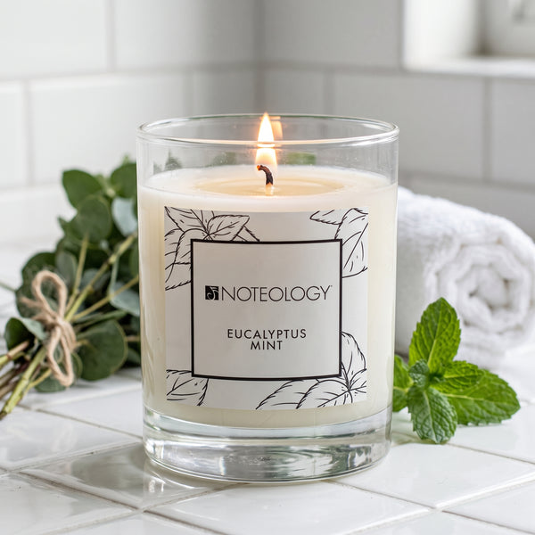 Eucalyptus Mint Candle burning on a spa-like bathroom with white tile, in soft daylight | Noteology