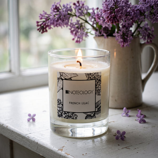 French Lilac Candle burning on a painted white table by a window | Noteology