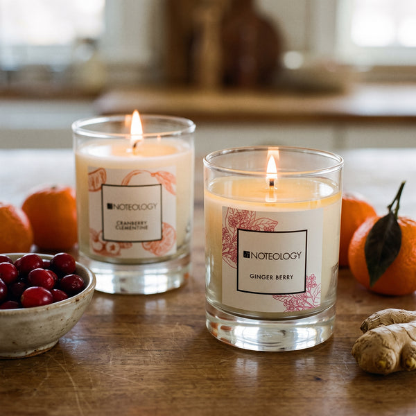 Best Seller Candle Duo burning on a bright kitchen counter in winter morning light | Noteology
