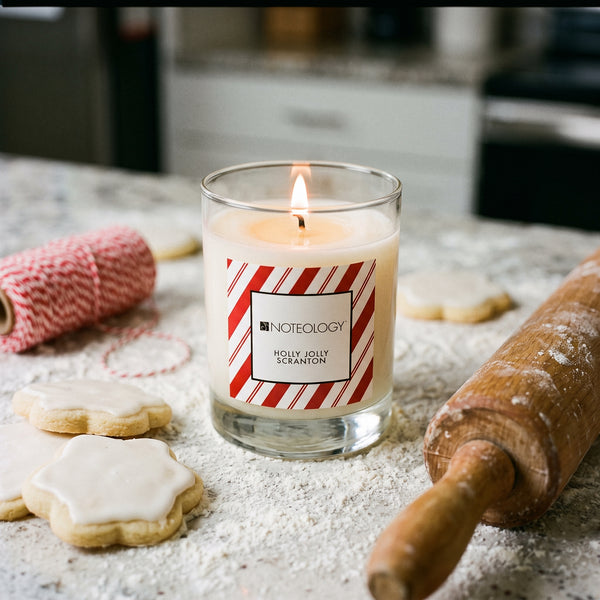 Holly Jolly Scranton Candle burning on a flour-dusted kitchen counter during holiday baking | Noteology