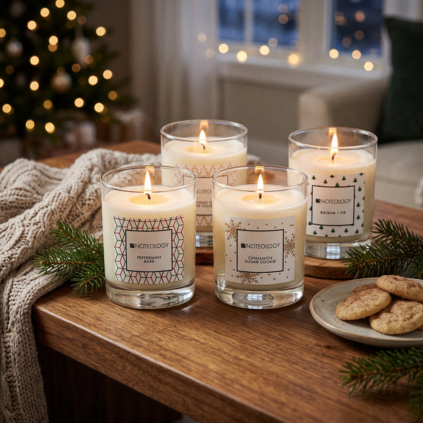 Holiday Home Candle Bundle burning on a long wooden coffee table in a cozy holiday living room | Noteology