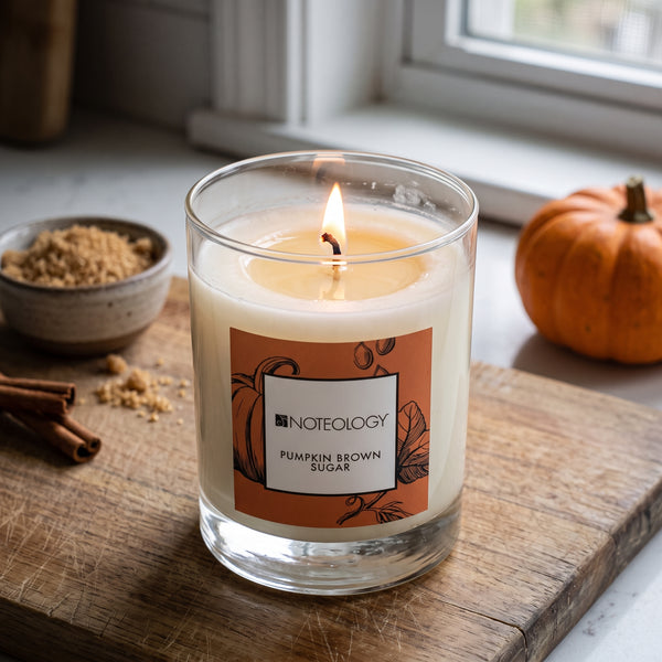Pumpkin Brown Sugar Candle burning on a kitchen counter in soft overcast afternoon light from a window on the right | Noteology