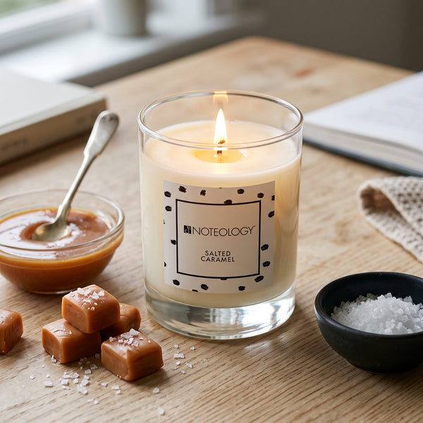 Salted Caramel Candle burning on a light wood table | Noteology