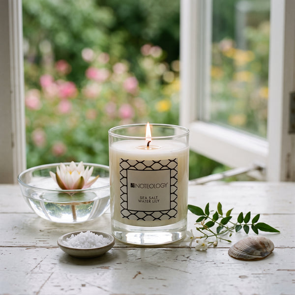 Sea Salt Water Lily Candle burning on a weathered white-painted table by an open window, with a blurred summer garden | Noteology