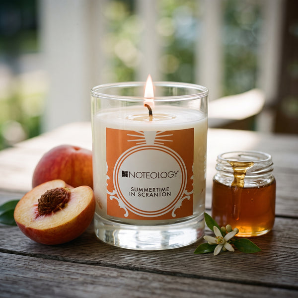 Summertime in Scranton Candle burning on a sunny porch table in summer afternoon light | Noteology