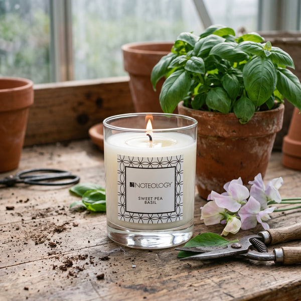 Sweet Pea Basil Candle burning on a potting bench inside a greenhouse, in soft diffused light | Noteology