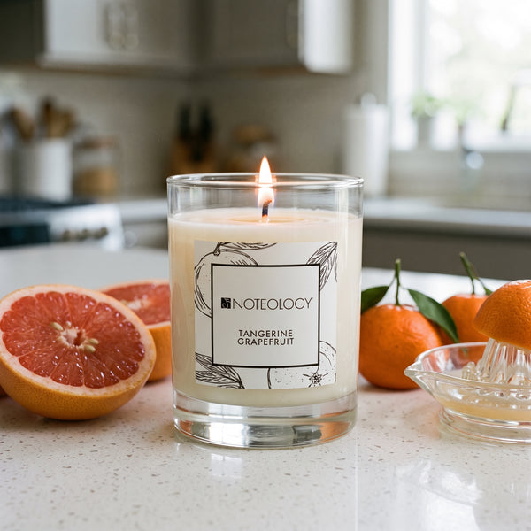 Tangerine Grapefruit Candle burning on a bright white kitchen counter in morning light | Noteology