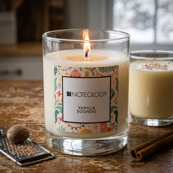 Vanilla Eggnog Candle burning on a rustic wooden kitchen table on a snowy afternoon | Noteology